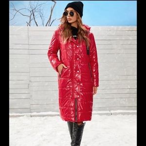 Long Red Zip Up Puffer Winter Coat